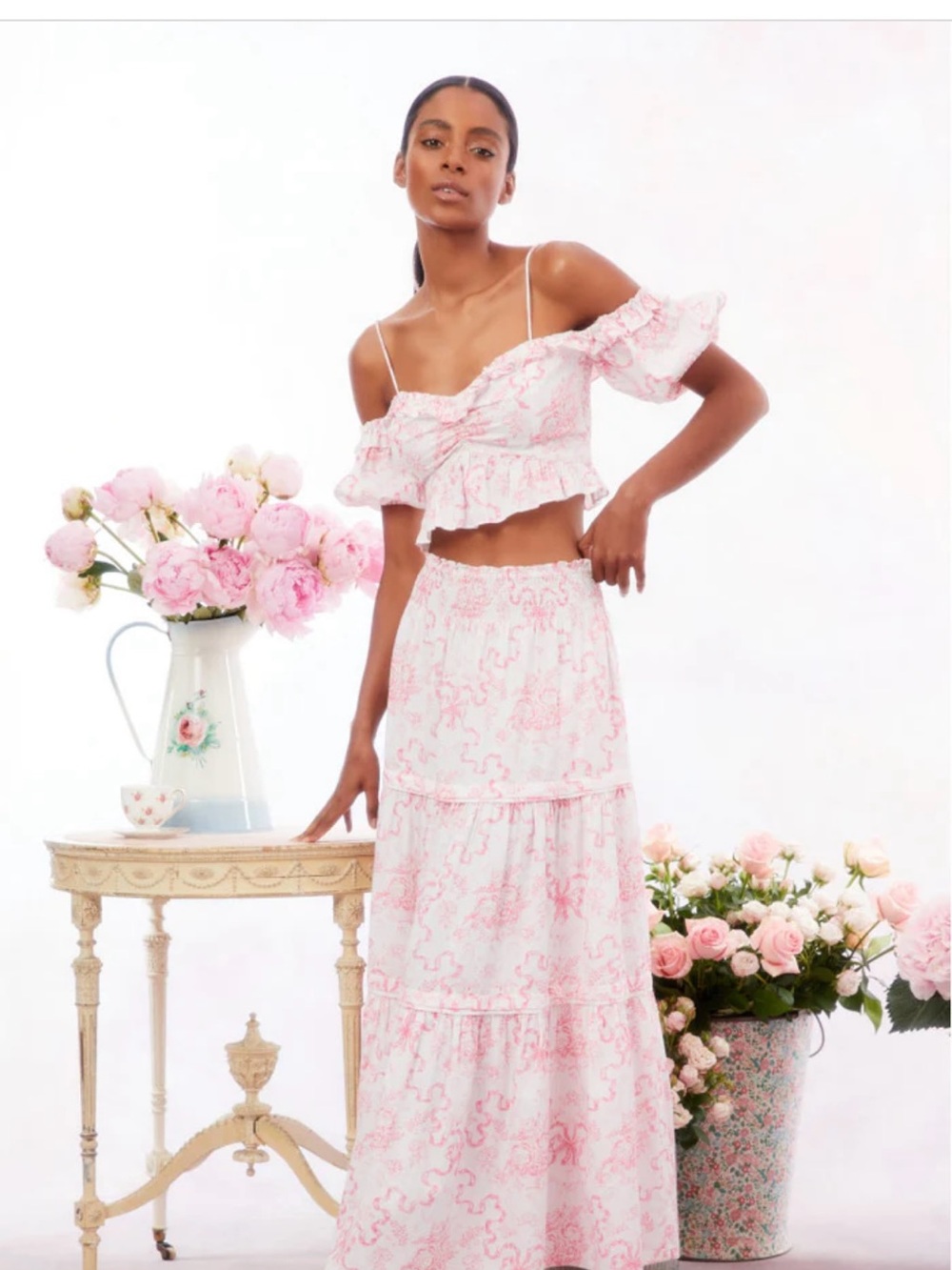 LoveShackFancy Pink Floral Tiered Maxi Skirt and Top - Picture 2 of 11